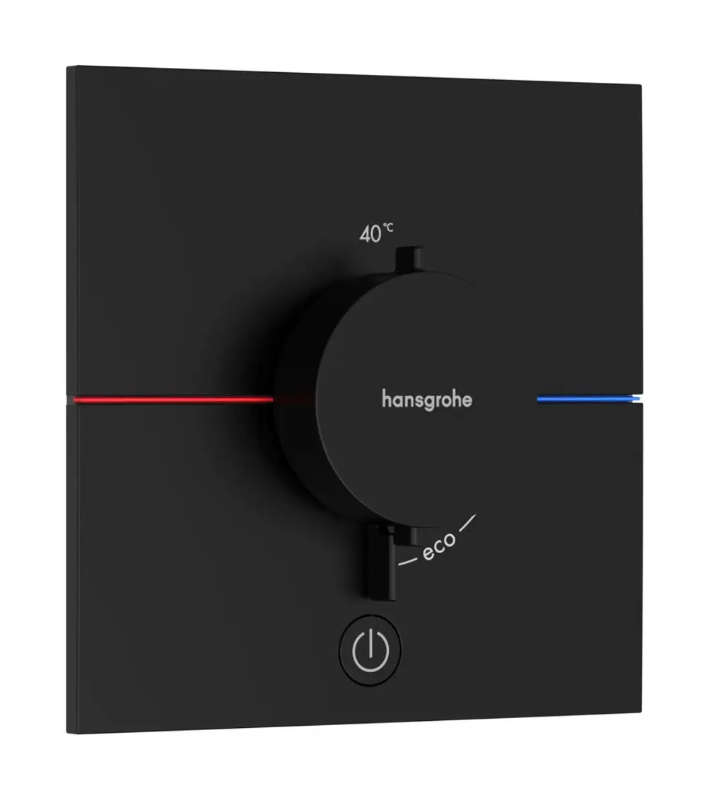 Thermostat in mattschwarz von Hansgrohe mit Drehknopf zur Temperatureinstellung und einem Eco-Modus. Anzeige für die Wassertemperatur und ein Ein-/Ausschalter sind vorhanden.